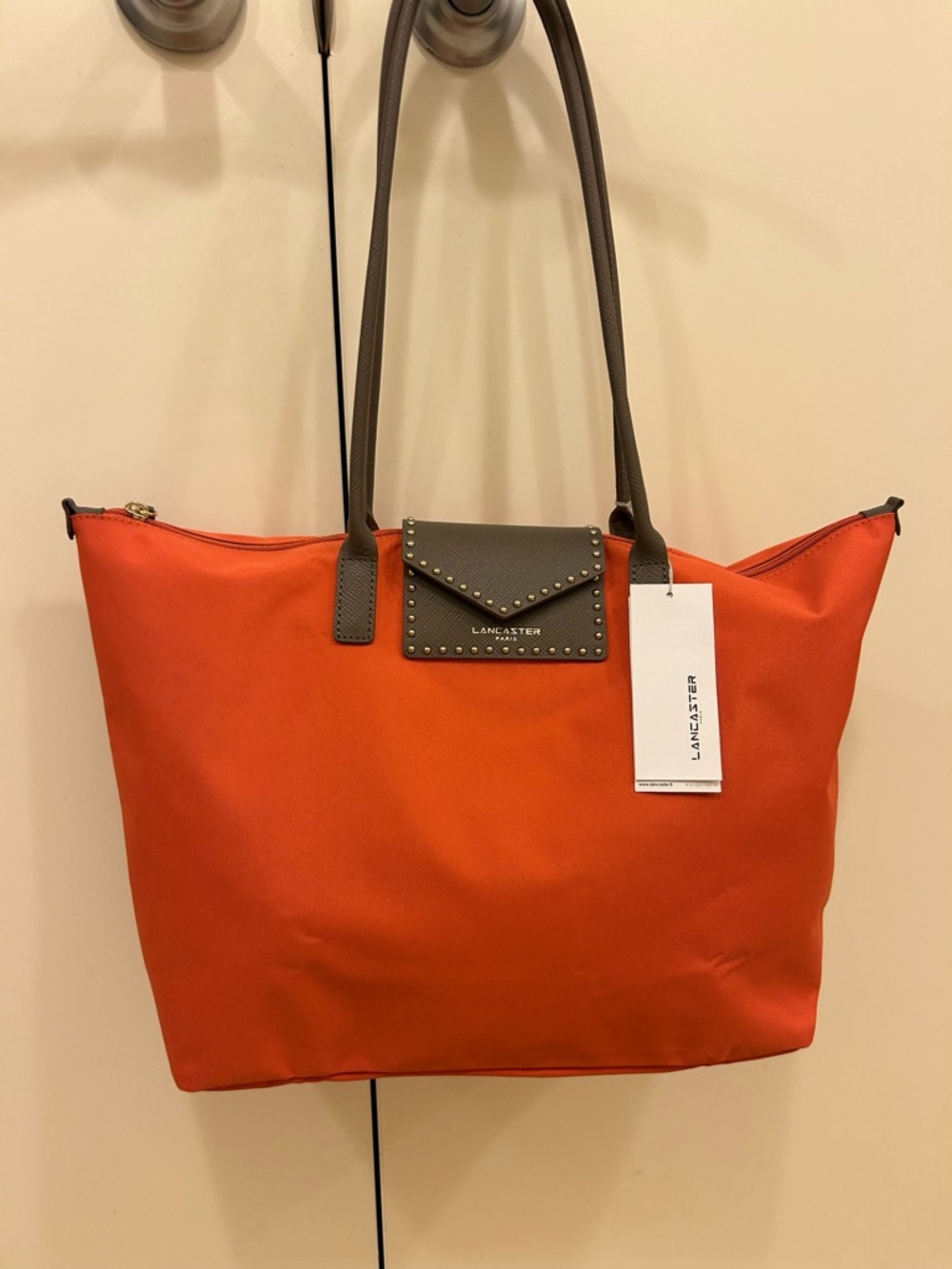 Lancaster Paris Orange Coated Fabric leather studded flap pocket zip tote Nwt